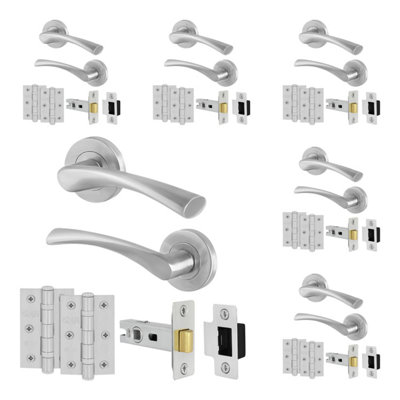 Afit Satin Door Handles Round Rose With Latch6 Pairs Of Satin Nickel Internal HandlesHingesLatch (64mm)Novi from B&Q