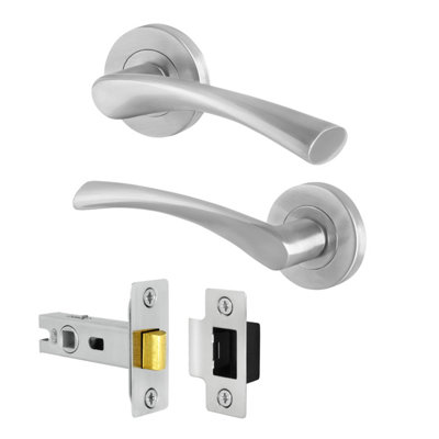 Afit Satin Door Handles Round Rose With Latch1 Pair Of Satin Nickel Internal HandlesLatch (64mm)Novi Range from B&Q
