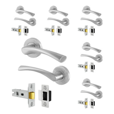 Afit Satin Door Handles Round Rose With Latch6 Pairs Of Satin Nickel Internal HandlesLatch (64mm)Novi Range from B&Q
