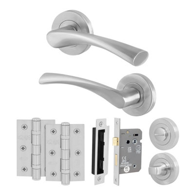 Afit Satin Bathroom Door Handle Round Rose Set1 Pair Of Satin Nickel Internal HandlesLock (64mm)HingesNovi from B&Q
