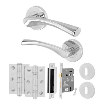 Afit Chrome Lock Door Handle Round Rose Set 1 Pair Of Polished Chrome Internal HandlesLock (64mm)HingesNovi from B&Q