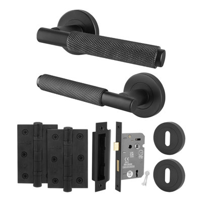 Afit Black Knurled Door Handle Set With Lock Internal Handles And 64mm Sashlock And 76mm Hinges And Escutcheons Dixon Range from B&Q