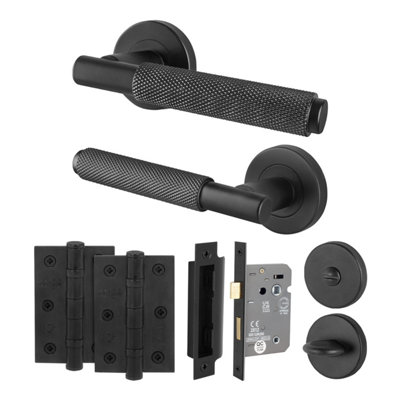 Afit Black Knurled Bathroom Door Handle Set  Internal Handles And 64mm Lock And 76mm Hinges Dixon Range from B&Q