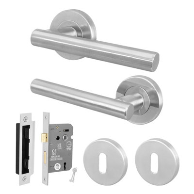 Afit Satin Lock Door Handle Round Rose Set1 Pair Of Internal Lever Satin Nickel Handles And Lock (64mm)Olvera from B&Q