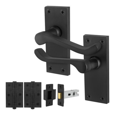Afit Black Scroll Door Handles Latch Set1 Pair Of Internal Victorian Scroll Backplate HandlesLatch (64mm) And Hinges from B&Q