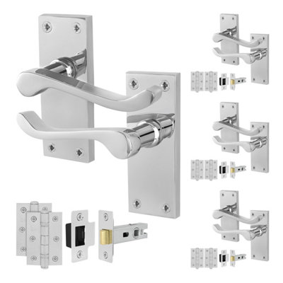 Afit Chrome Scroll Door Handles Latch Set4 Pairs Of Internal Victorian Scroll Backplate HandlesLatch 64mm And Hinges from B&Q
