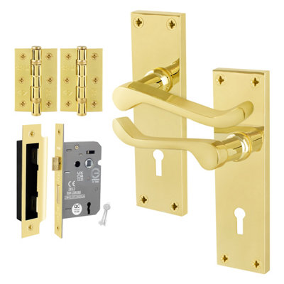 Afit Brass Scroll Door Handles With Lock1 Pair Internal Victorian Scroll Backplate HandlesSashlock 64mm And Hinges from B&Q