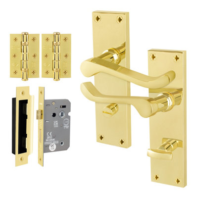 Afit Brass Scroll Door Handles Bathroom Set1 Pair Internal Victorian Scroll Backplate HandlesLock 64mm And Hinges from B&Q