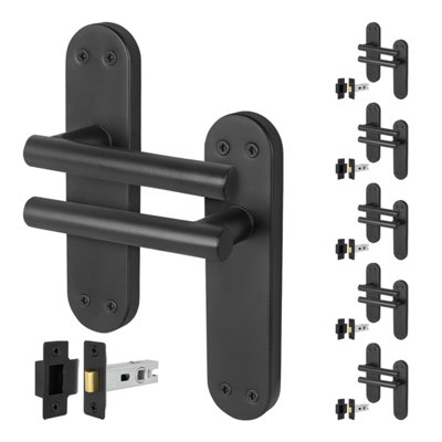 Afit Black Door Handles  With Latch T-Bar 6 Pair Olvera Backplate Range from B&Q