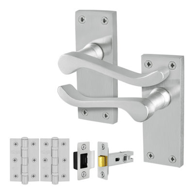 Afit Satin Scroll Door Handles Latch Set1 Pair Of Internal Victorian Scroll Backplate HandlesLatch (64mm) And Hinges from B&Q