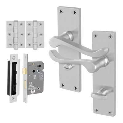 Afit Satin Scroll Door Handles Bathroom Set1 Pair Of Internal Victorian Scroll Backplate HandlesLock 64mm And Hinges from B&Q