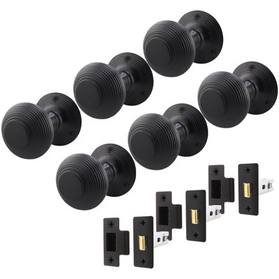 B&Q -  Beehive Reeded Black Door Knob Set3 Pairs Of Matt Black Mortice Knobs (55mm) & Latch (76mm) For Internal Doors