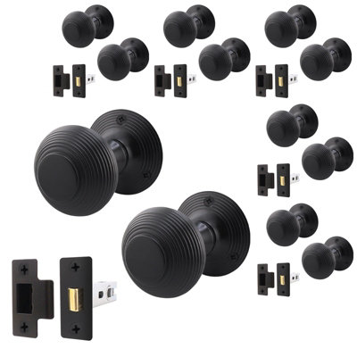 B&Q -  Beehive Reeded Black Door Knob Set6 Pairs Of Matt Black Mortice Knobs (55mm) & Latch (76mm) For Internal Doors