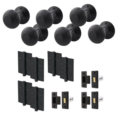 B&Q -  Beehive Reeded Black Door Knob Set3 Pairs Matt Black Mortice Knobs (55mm)Latch (76mm) & Hinges (76mm) For Internal Doors