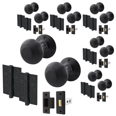 B&Q -  Beehive Reeded Black Door Knob Set6 Pairs Matt Black Mortice Knobs (55mm)Latch (76mm) & Hinges (76mm) For Internal Doors