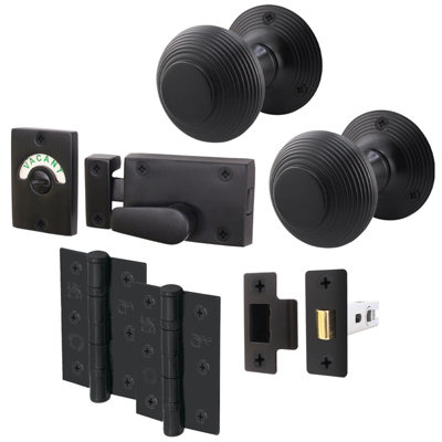 Afit Beehive Reeded Black Door Knob Set1 Pair Matt Black Mortice Knobs (55mm)Latch (76mm)Hinges (76mm) & Indicator Bolt from B&Q
