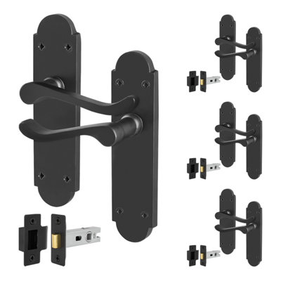 B&Q -  Black Victorian Door Handles With Latch4 Pairs Internal Matt Black Victorian Scroll Shaped BackplateLatch 64mm