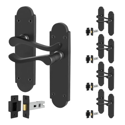 B&Q -  Black Victorian Door Handles With Latch5 Pairs Internal Matt Black Victorian Scroll Shaped BackplateLatch 64mm