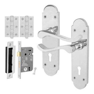 Afit Chrome Door Handles Lock Set1 Pair Of Internal Polished Chrome Victorian Scroll BackplateHinges And Lock 64mm from B&Q
