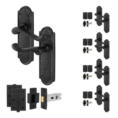 B&Q -  Black Antique Door Handles Latch Kit5 Pairs Cast Iron Scroll Shaped Internal HandlesLatch 64mmHingesAlton