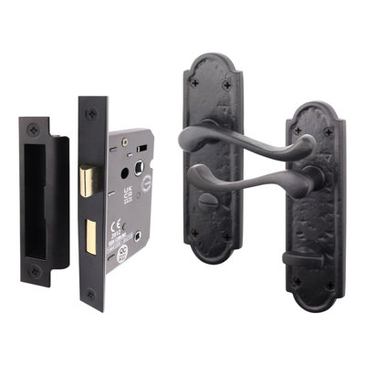 B&Q -  Black Antique Door Handles Bathroom1 Pair Of Cast Iron Scroll Shaped Backplate Internal HandlesLock 64mmAlton