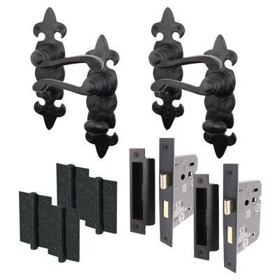 Afit Black Antique Fleur De Lys Bathroom Door Handle Set2 Pairs Cast Iron Internal Lever HandlesHinges (76mm) & Locks (64mm) from B&Q