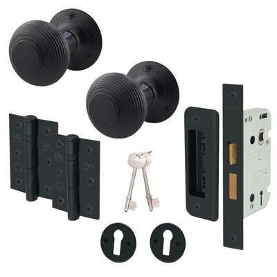Afit Beehive Reeded Black Key Lock Door Knob Set1 Pair Matt Black Mortice Knobs (55mm)Sash Lock (80mm) & Hinges (76mm) from B&Q