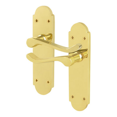 Afit Polished Brass Internal Door Handles On Backplate - Latch - Shaped Victorian Scroll