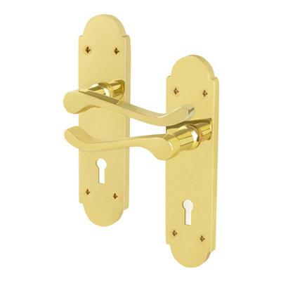 Afit Brass Door Handles Lock Set1 Pair Of Internal Polished Brass Victorian Scroll Shaped Backplate Handles from B&Q