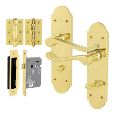 Afit Brass Bathroom Door Handle Set1 Pair Internal Polished Brass Victorian Scroll BackplateHinges And Lock 64mm from B&Q
