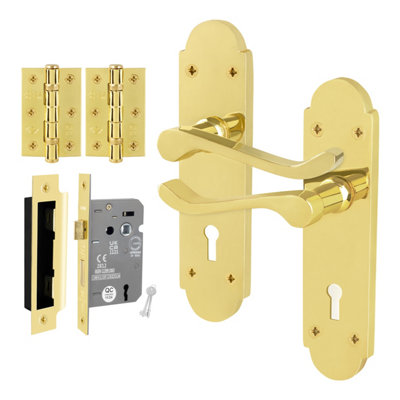 Afit Brass Door Handles Lock Set1 Pair Of Internal Polished Brass Victorian Scroll BackplateHinges And Lock 64mm from B&Q