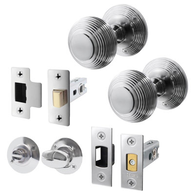 B&Q -  Beehive Door Knob Set Polished Chrome1 Pair Of Reeded Mortice Knobs (55mm)Latch & Deadbolt Kit (76mm) & Turn & Release
