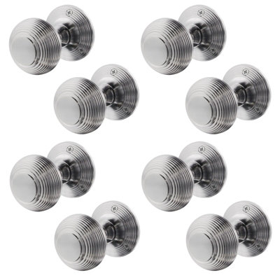 B&Q -  Beehive Door Knobs Satin Chrome4 Pairs Of Reeded Mortice Knobs (55mm) For Internal Doors