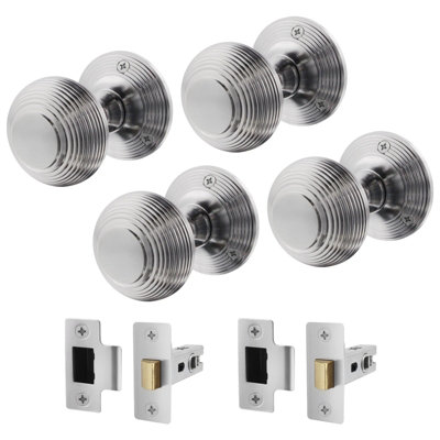 B&Q -  Beehive Door Knob Set Satin Chrome2 Pairs Of Reeded Mortice Knobs (55mm) & Latch (76mm) For Internal Doors