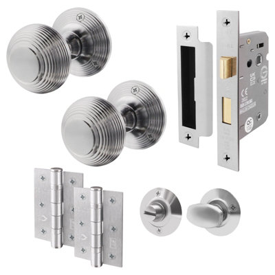 B&Q -  Beehive Bathroom Door Knob Set Satin Chrome1 Pair Of Reeded Mortice Knobs (55mm)Lock (80mm) & Hinges (76mm)