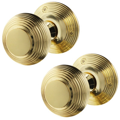 B&Q -  Beehive Door Knobs Polished Brass1 Pair Of Reeded Mortice Knobs (55mm) For Internal Doors