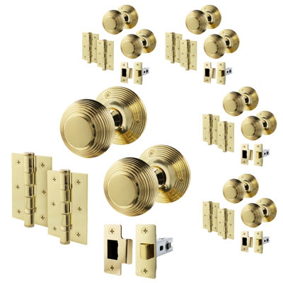 B&Q -  Beehive Door Knob Set Polished Brass4 Pairs Of Reeded Mortice Knobs (55mm) & Latch (76mm) For Internal Doors