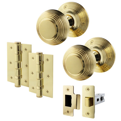 B&Q -  Beehive Door Knob Set Polished Brass1 Pair Of Reeded Mortice Knobs (55mm)Latch (76mm) & Hinges (76mm) For Internal Doors