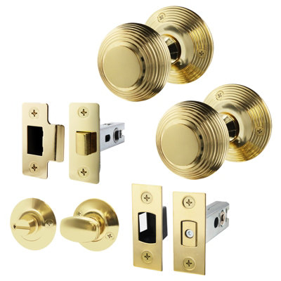 B&Q -  Beehive Door Knob Set Polished Brass1 Pair Of Reeded Mortice Knobs (55mm)Latch & Deadbolt Kit (76mm) & Turn & Release