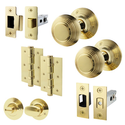 B&Q -  Beehive Door Knob Set Polished Brass1 Pair Of Reeded Knobs (55mm)Latch & Deadbolt (76mm)Hinges (76mm) & Turn & Release