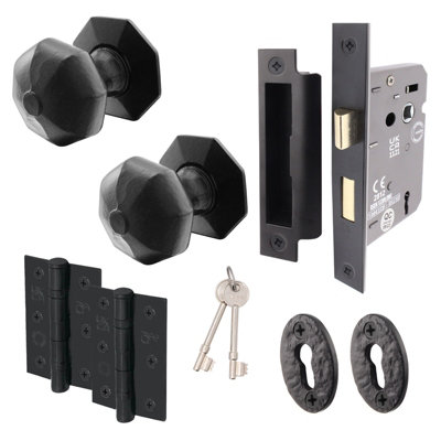 Afit Black Iron Keylock Door Knob SetCast Iron Antique Octagonal Mortice KnobsSash Lock (80mm) & Hinges (76mm) from B&Q
