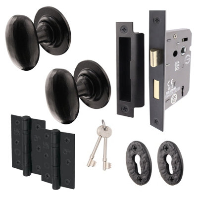Afit Black Iron Keylock Door Knob Set1 Pair Of Cast Iron Antique Oval Mortice KnobsSash Lock (80mm) & Hinges (76mm) from B&Q