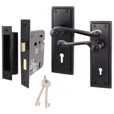 Afit Black Georgian Locking Door Handle On Backplate Set For  Internal Doors With 64mm Sashlock And 76mm Hinges Georgian Range from B&Q
