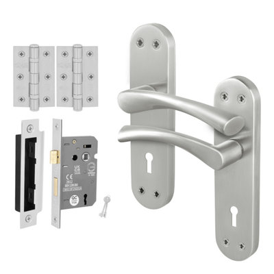 Afit Satin Nickel Twist Door Handle Set With Sashlock And Hinges Novi Backplate Range from B&Q