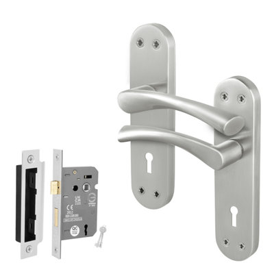Afit Satin Nickel Twist Door Handle Set With Sashlock Novi Backplate Range from B&Q