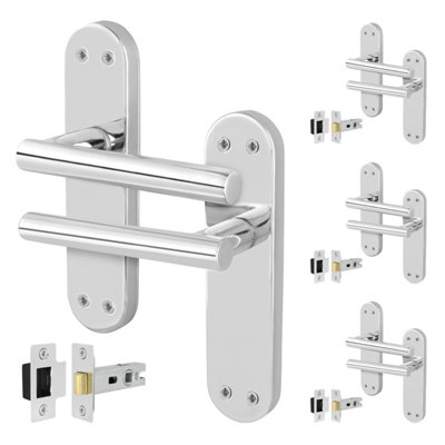 Afit Chrome Door Handles  With Latch T-Bar 4 Pair Olvera Backplate Range from B&Q