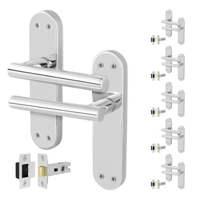 Afit Chrome Door Handles  With Latch T-Bar 6 Pair Olvera Backplate Range from B&Q
