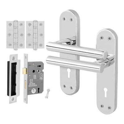 Afit Chrome Lock Door Handles With Sashlock And Hinges T-Bar 1 Pair Olvera Backplate Range from B&Q