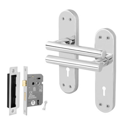 Afit Chrome Lock Door Handles With Sashlock T-Bar 1 Pair Olvera Backplate Range from B&Q