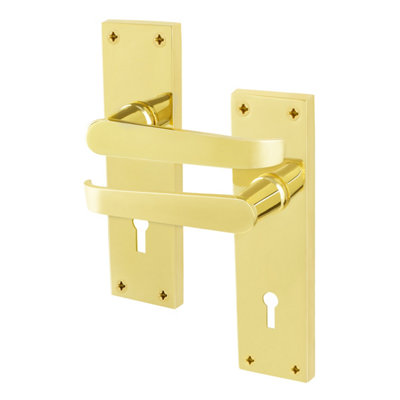 Afit Brass Lock Door Handles Set1 Pair Of Internal Victorian Straight Pattern Polished Brass On Backplate from B&Q